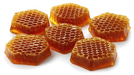 Honeycomb pieces, golden-amber color, hexagonal cells, slightly glossy, clustered on white background