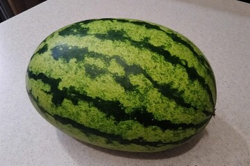 Whole and slice of ripe watermelon, heap of watermelon slices as background