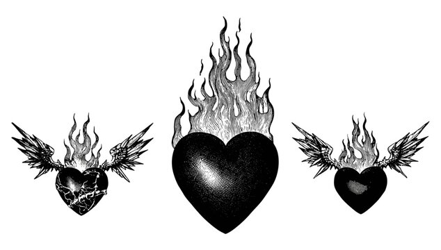 Heart flames, gothic angel core Y2K burning hearts illustrations. Love burns bright, light my fire type designs. Black & white prints, Valentine’s templates, tattoo silhouettes, blazing vector art