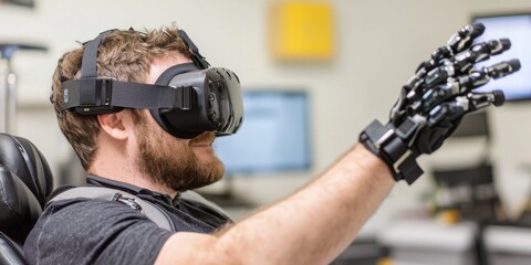 Engineer biomedical design Concept. Man using virtual reality headset with robotic gloves in a tech environment.
