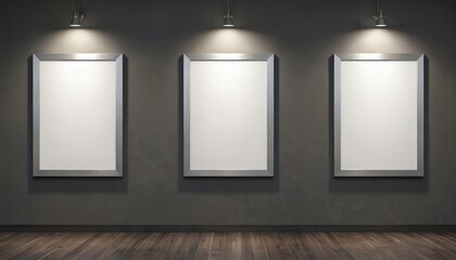 Three sleek empty silver frames hang on charcoal grey gallery wall under spotlights. Dark oak flooring complements modern art space, perfect for displaying artwork or creating minimalist aesthetic.
