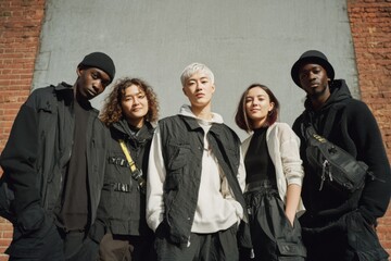 A group of five diverse individuals poses confidently against a brick wall in trendy urban outfits, reflecting a stylish city vibe Generative AI