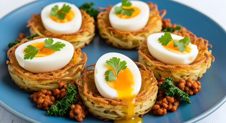 Delightful potato nests topped with soft boiled eggs and fresh parsley create an elegant brunch spread, perfect for Easter or a special spring celebration