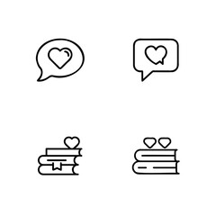 Four line icons hearts within speech bubbles on books love