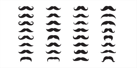 "A collection of 30 unique mustache silhouettes in black on white background, classic, modern, curly, handlebar, vintage and cartoon styles, centered and evenly spaced"