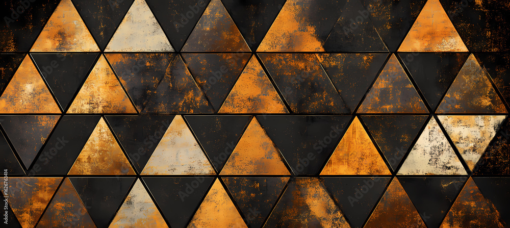 Poster abstract geometric pattern featuring alternating dark and metallic bronze triangles, creating a mode