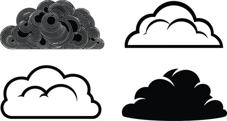 Four cloud illustrations with varying styles including spiral fill and solid black on a white background