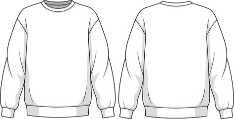 CAD drawing flat vector illustration, crew neck sweatshirt fashion template, front and back view, unisex casual wear sketch design