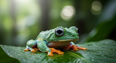 Naklejka premium Macro Close-Up of Green Tree Frog on Wet Leaf with Water Droplets and Jungle Background