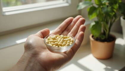 Obraz premium Hand holds small glass bowl filled with probiotic supplements. Pills promote gut health, strengthen immune system, improve skin clarity by balancing internal flora. Beneficial for reducing