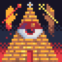 Pixel art illustration of an all-seeing eye on top of a golden pyramid, surrounded by mystical symbols and fiery background. Retro game style with fantasy and occult elements.