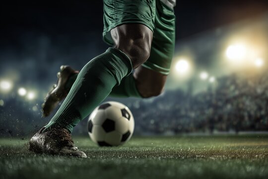 Soccer player shooting ball under bright stadium lights at night.