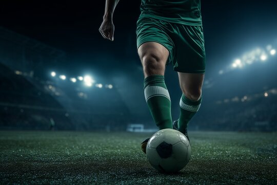 Soccer player in green uniform dribbling ball on stadium field at night.