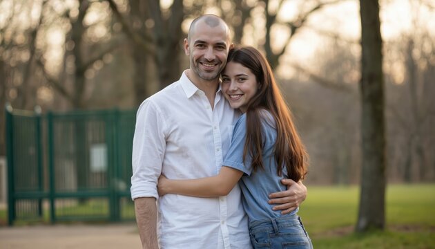 Middle-aged father smiling, hugging teenage daughter in wooded park. Late afternoon sun highlights their joyful bond. Two people sharing happy moments, depicting warmth, family connection, and love.
