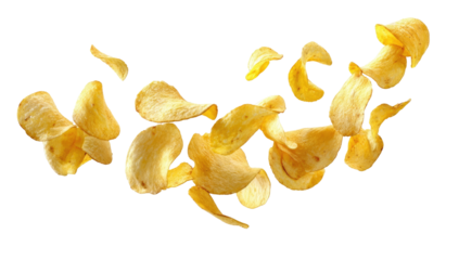 Potato chips in mid-air, scattered and curved