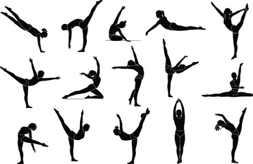 Gymnastics and dance silhouette set, dynamic poses, handstands, splits, leg lifts, athletic motion, strength and flexibility art, vector collection, expressive movement design