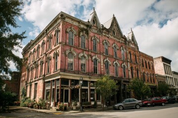 Fototapeta premium A stunning brick building with intricate detailing stands proudly in a charming small town under a bright sky Generative AI