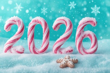 Festive 2026 figures in the shape of lollipops on a snowy mint background with gingerbread cookies and falling snowflakes for celebrating Christmas and New Year.