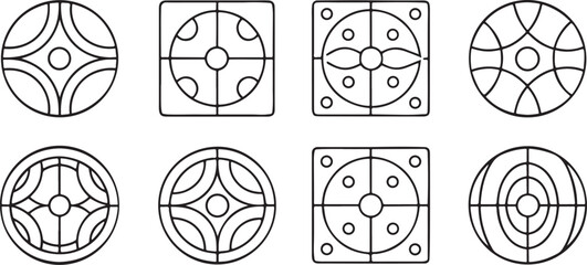 Isolated black basketball training icons, warm up, stretch icon, passing drill, defense posture, layup action, shooting practice, physical training, sports preparation, skill improvement