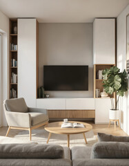 Modern minimalist living room features white, wood TV unit with built-in shelving. Cozy armchair sits near round wooden coffee table. Indoor plant adds life, with natural light filling stylish,
