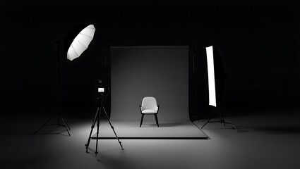 Professional photography studio setup in a black and white composition. An empty chair sits ready for a photoshoot in front of a gray backdrop with lights and a camera.