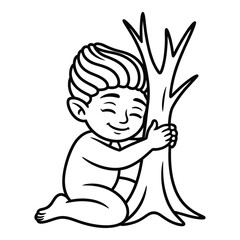 Fototapeta premium Cute cartoon child hugging a tree in black and white line art for environmental awareness and conservation themes