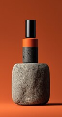 Orange and black perfume bottle on a stone pedestal