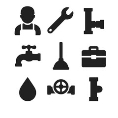 Plumbing service and repair icon set. Vector symbols for plumber, wrench, pipes, faucet, and maintenance - the plumbing profession.