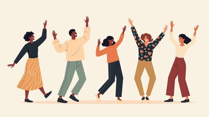 Group of cheerful friends dancing together with joy and enthusiasm