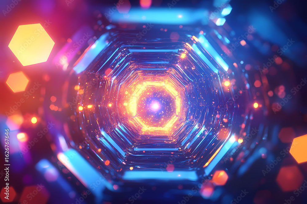 Poster abstract neon tunnel with glowing particles and bokeh effect, futuristic digital art