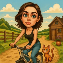 Cartoon girl rides a bike on a countryside path with a cat nearby