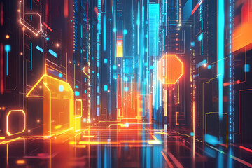 Fototapeta premium Futuristic neon city street with abstract glowing geometric shapes, vibrant blue and orange lights illuminating the pathway