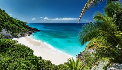 Fototapeta premium breathtaking tropical beach paradise white sands meet turquoise ocean framed by lush cliffs palm trees witness clear waters beauty stunning coastal vista with tropical vibe