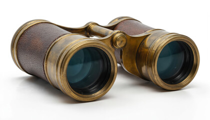 Antique brass opera glasses with brown leather accent. Vintage optical instrument features detailed design, clear lenses. Perfect for historical reenactments, theater, collecting antique items.