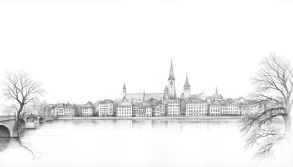 Fototapeta premium Minimalist pencil illustration of Zurichs Old Town cityscape with Limmat river and a stone bridge. Historic buildings, churches, river bank, bare trees create peaceful tranquil scenery.