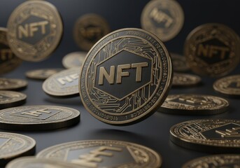Multiple gold NFT coins floating in space, symbolizing the future of digital assets and the blockchain.