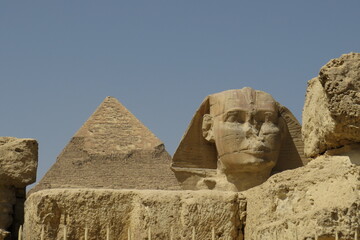 View of the great Pyramid and the Sphinx of Giza. (Old Kingdom). Cairo. Egypt.