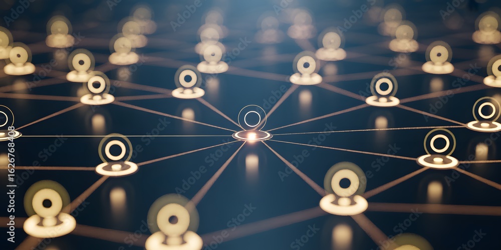 Poster cybernetic network: an interconnected web of technological nodes pulses with electric blue energy, a
