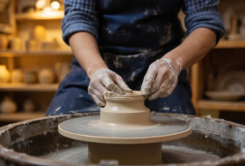 Artisan hands shaping raw clay on pottery wheel in studio. Craftsmanship, traditional art, creativity. Natural earth material transformed into unique ceramic pieces through skilled hands.