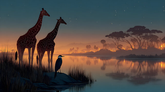 Stylized giraffes and a bird resting peacefully beside a dark river at nighttime, realistic HD