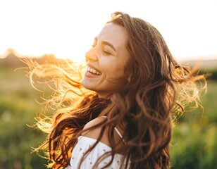 Happy teen brunette woman with beautiful hair smiling closeup with joy in the summer nature
