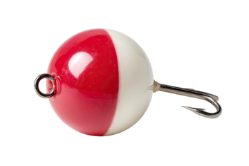Red and white fishing bobber, spherical, with hook