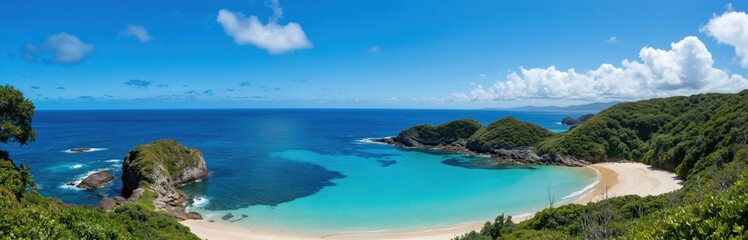 Obraz premium Panoramic view of secluded sandy beach cove with turquoise water, rich green hills. Clear blue sky with fluffy clouds. Ocean coastline under bright summer sun. Idyllic island paradise perfect for