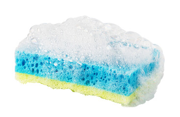 Soapy cleaning sponge with foam on transparent background