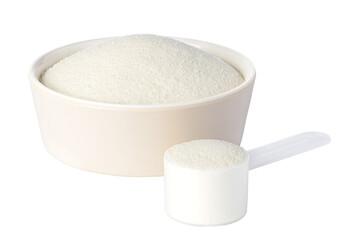 Bowl and scoop overflowing with protein powder on transparent background
