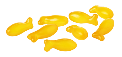 Delicious gummy fish candy floating on transparent background