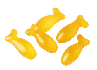 Fish oil capsules falling on transparent background