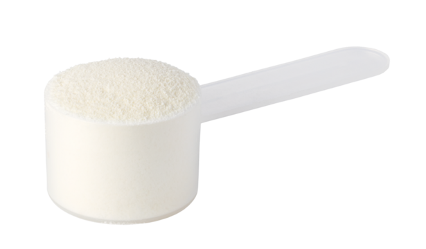 Plastic scoop overflowing with protein powder on transparent background