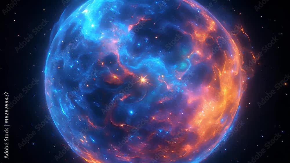 Poster pulsating cosmic sphere displays vibrant colors and dynamic zoom in a stunning cosmic environment