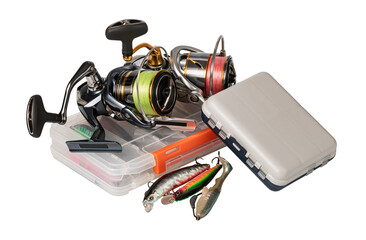 Fishing tackle with reel, lures and boxes on transparent background
